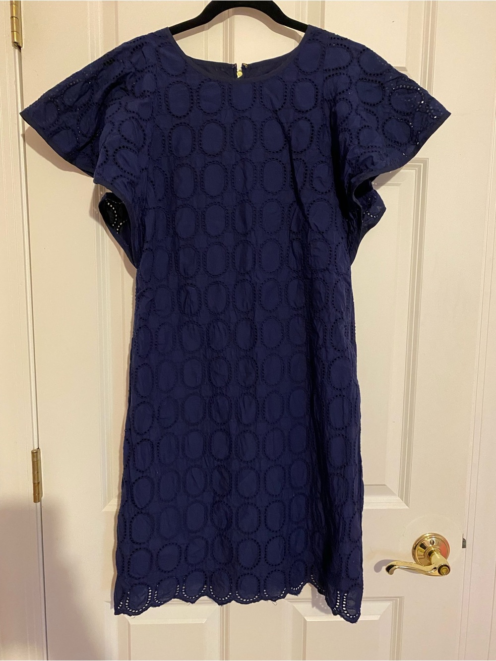 J. Crew navy blue knee length short sleeve eyelet dress, size 4